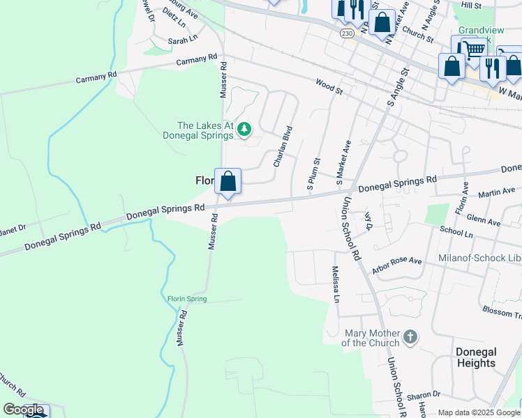 map of restaurants, bars, coffee shops, grocery stores, and more near 1050 Donegal Springs Road in Mount Joy