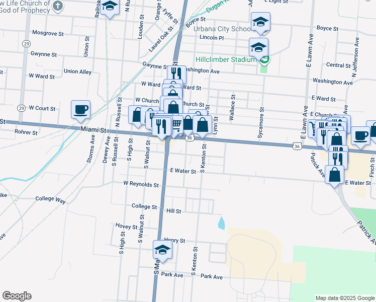 map of restaurants, bars, coffee shops, grocery stores, and more near 202 East Market Street in Urbana