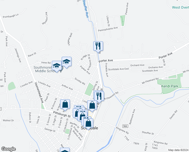map of restaurants, bars, coffee shops, grocery stores, and more near 704 North Chestnut Street in Scottdale