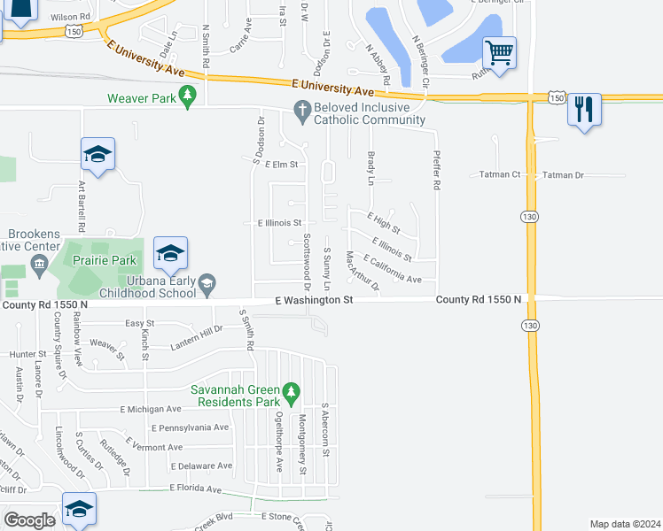 map of restaurants, bars, coffee shops, grocery stores, and more near 702 South Sunny Lane in Urbana