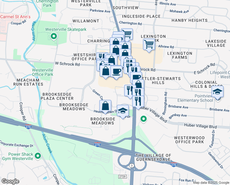 map of restaurants, bars, coffee shops, grocery stores, and more near 77 1/2 Merlin Drive in Westerville