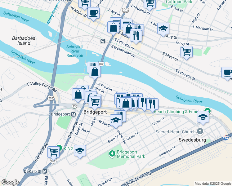 map of restaurants, bars, coffee shops, grocery stores, and more near 20 West Front Street in Bridgeport