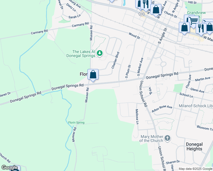 map of restaurants, bars, coffee shops, grocery stores, and more near 1050 Donegal Springs Road in Mount Joy