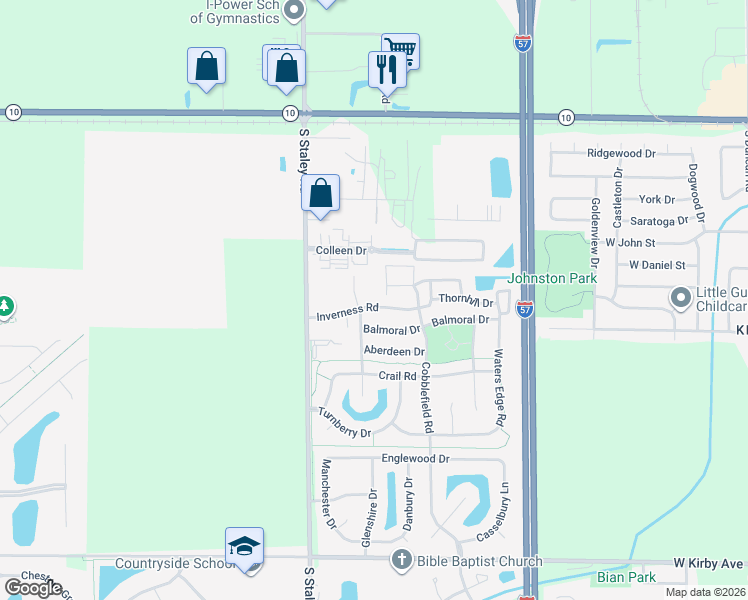 map of restaurants, bars, coffee shops, grocery stores, and more near 4006 Inverness Road in Champaign