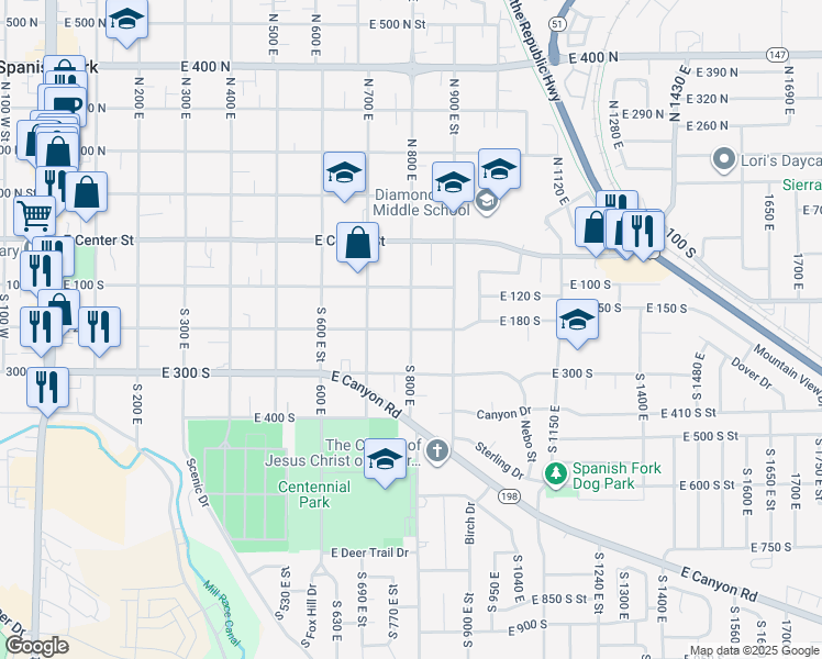 map of restaurants, bars, coffee shops, grocery stores, and more near South 800 East in Spanish Fork