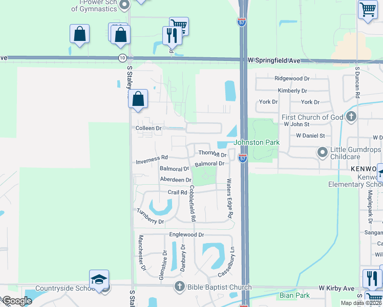 map of restaurants, bars, coffee shops, grocery stores, and more near 3860 Thornhill Circle in Champaign