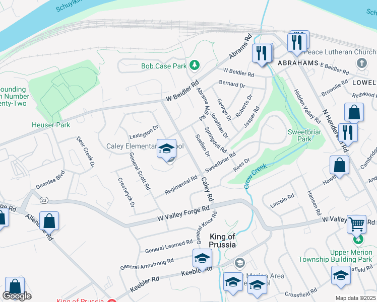 map of restaurants, bars, coffee shops, grocery stores, and more near 725 Caley Road in King of Prussia