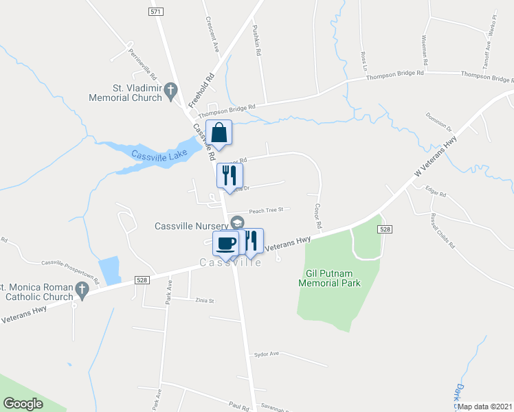 map of restaurants, bars, coffee shops, grocery stores, and more near 10 Peach Tree Street in Jackson Township