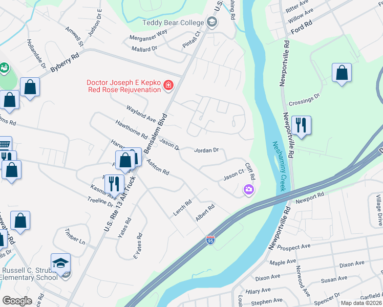 map of restaurants, bars, coffee shops, grocery stores, and more near 886 Jordan Drive in Bensalem