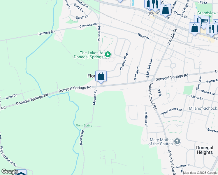 map of restaurants, bars, coffee shops, grocery stores, and more near 1074 Donegal Springs Road in Mount Joy