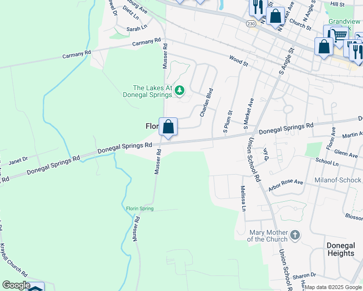 map of restaurants, bars, coffee shops, grocery stores, and more near 1074 Donegal Springs Road in Mount Joy