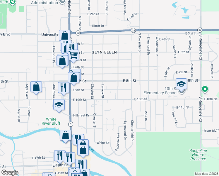 map of restaurants, bars, coffee shops, grocery stores, and more near 2512 E 9th St in Anderson