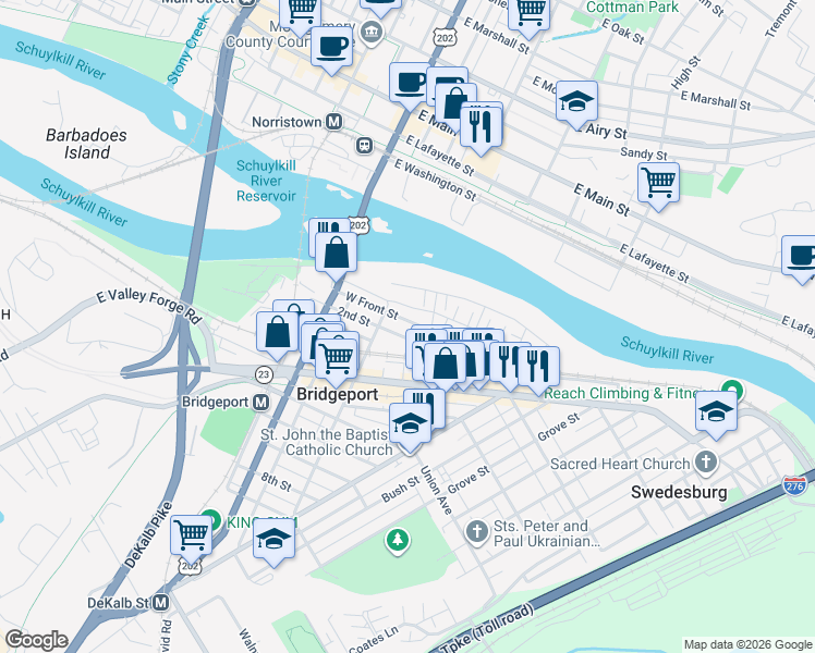 map of restaurants, bars, coffee shops, grocery stores, and more near 8 West Front Street in Bridgeport