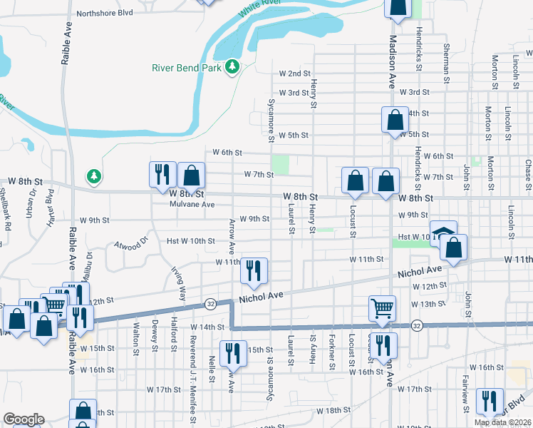 map of restaurants, bars, coffee shops, grocery stores, and more near 829 Sycamore Street in Anderson