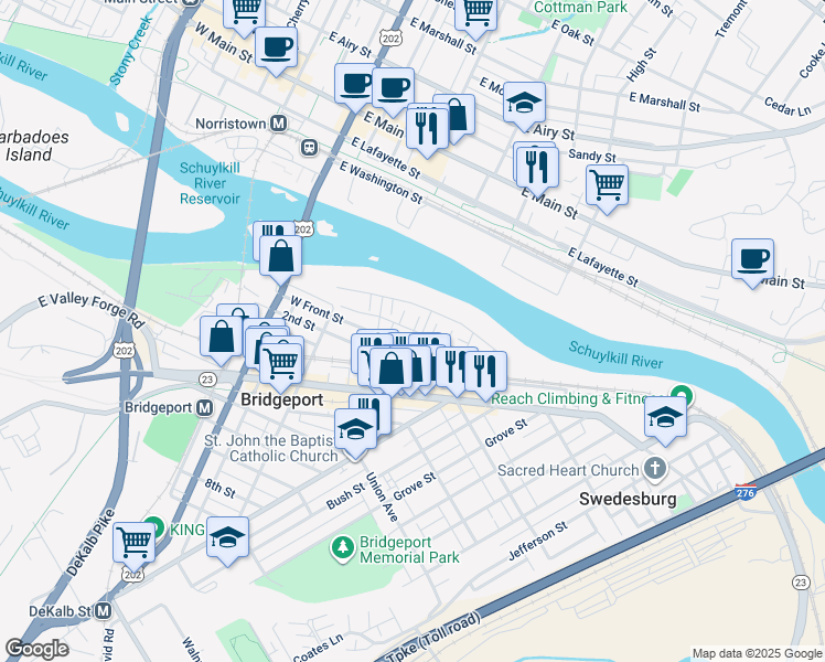 map of restaurants, bars, coffee shops, grocery stores, and more near 12 Atkins Drive in Bridgeport