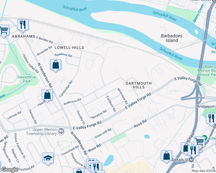 map of restaurants, bars, coffee shops, grocery stores, and more near 287 Anderson Road in King of Prussia