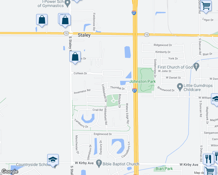 map of restaurants, bars, coffee shops, grocery stores, and more near 3753 Thornhill Circle in Champaign