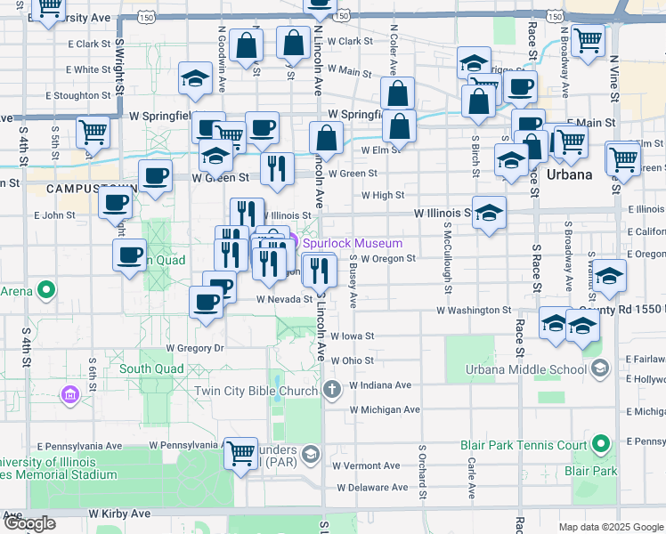 map of restaurants, bars, coffee shops, grocery stores, and more near 807 West Oregon Street in Urbana