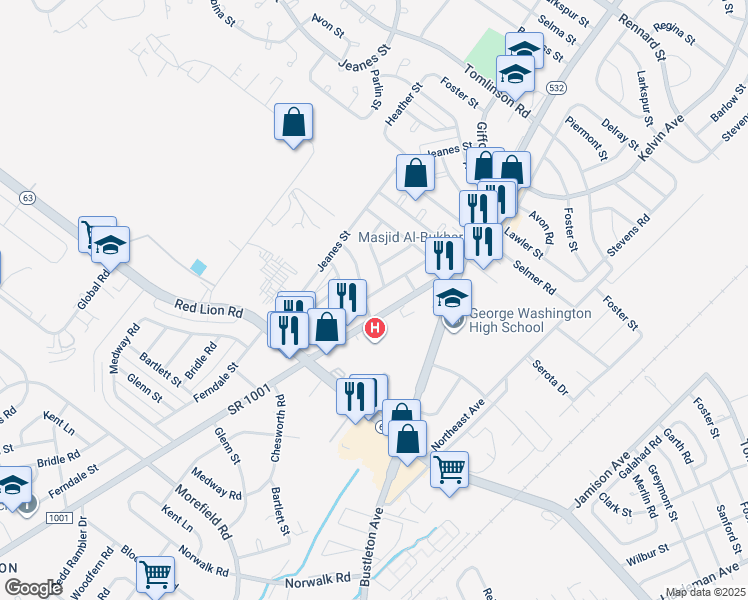 map of restaurants, bars, coffee shops, grocery stores, and more near 10131 Ferndale Street in Philadelphia