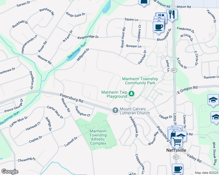 map of restaurants, bars, coffee shops, grocery stores, and more near 323 Ecker Drive in Lititz