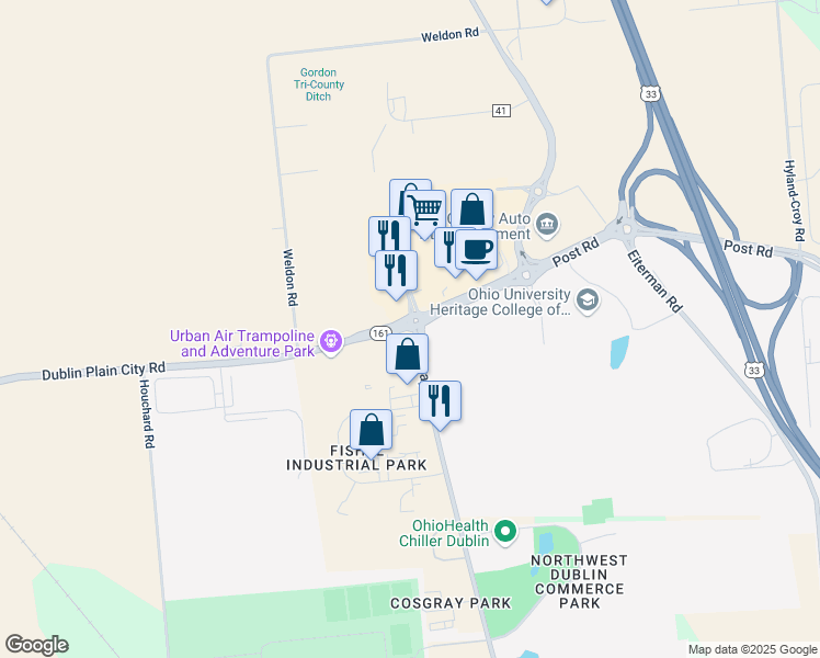map of restaurants, bars, coffee shops, grocery stores, and more near 7455 Cosgray Road in Dublin
