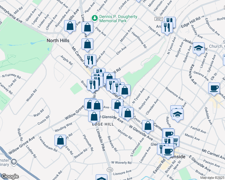 map of restaurants, bars, coffee shops, grocery stores, and more near 2643 Mount Carmel Avenue in Glenside