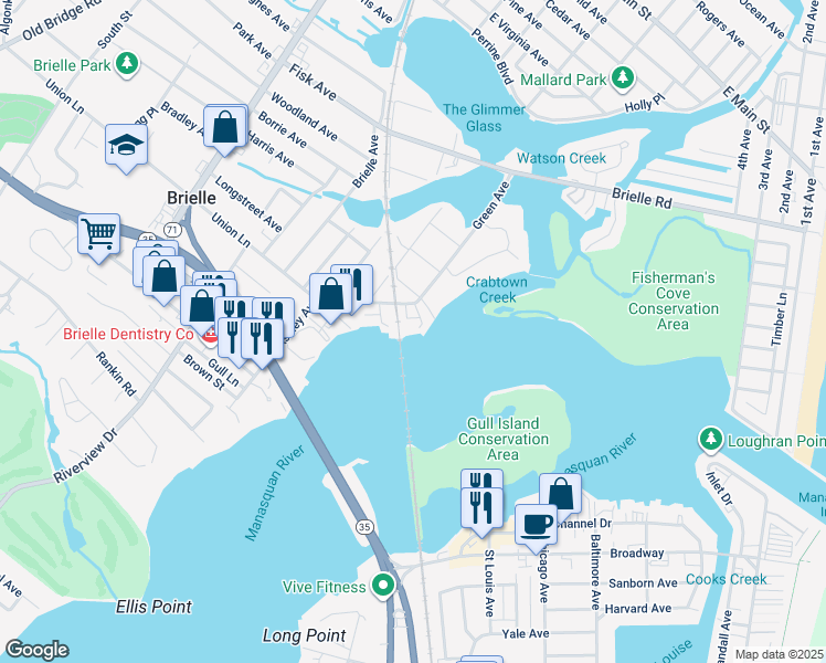 map of restaurants, bars, coffee shops, grocery stores, and more near 602 Green Avenue in Brielle