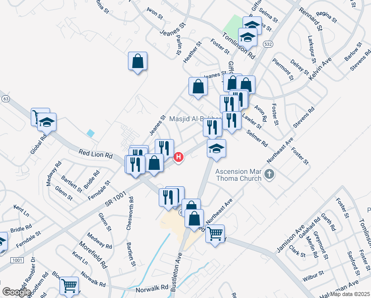 map of restaurants, bars, coffee shops, grocery stores, and more near 10120 Verree Road in Philadelphia