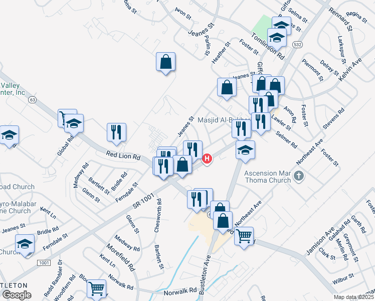 map of restaurants, bars, coffee shops, grocery stores, and more near 10039 Bridle Road in Philadelphia