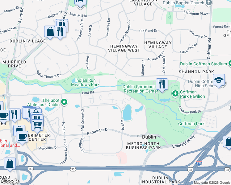 map of restaurants, bars, coffee shops, grocery stores, and more near 6017 Post Road in Dublin