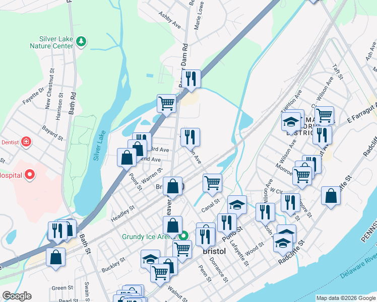 map of restaurants, bars, coffee shops, grocery stores, and more near 912 Spring Street in Bristol