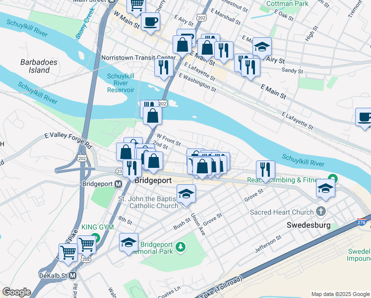 map of restaurants, bars, coffee shops, grocery stores, and more near 24 West Front Street in Bridgeport