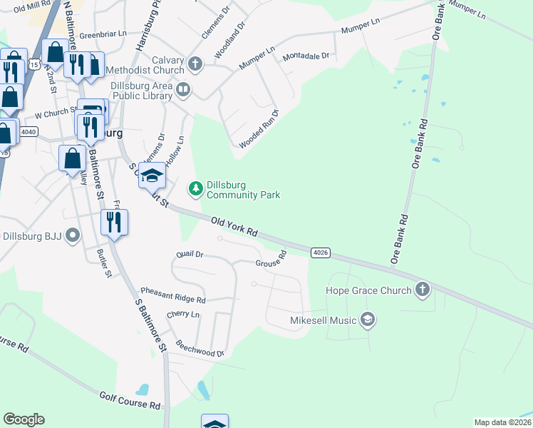map of restaurants, bars, coffee shops, grocery stores, and more near 45 Old York Road in Dillsburg