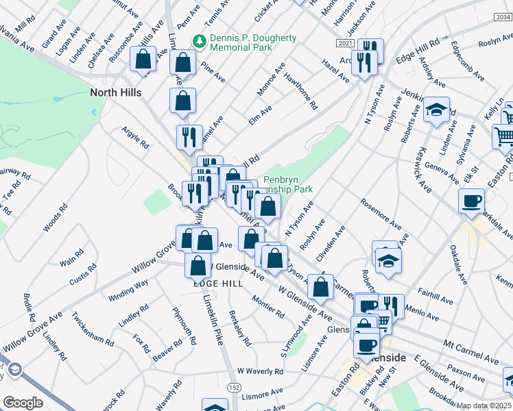 map of restaurants, bars, coffee shops, grocery stores, and more near 2621 Arnaud Avenue in Glenside