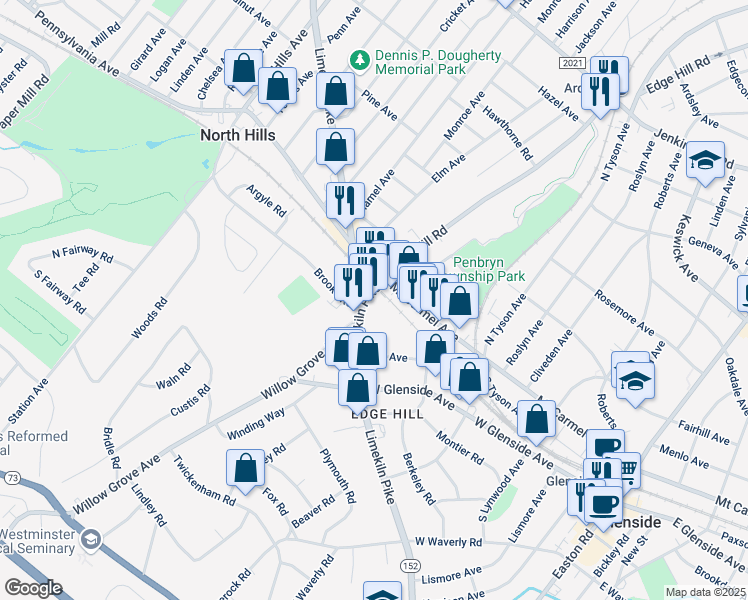 map of restaurants, bars, coffee shops, grocery stores, and more near 3 Limekiln Pike in Glenside