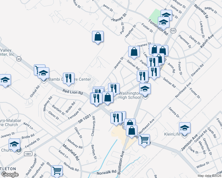 map of restaurants, bars, coffee shops, grocery stores, and more near 10048 Ferndale Street in Philadelphia