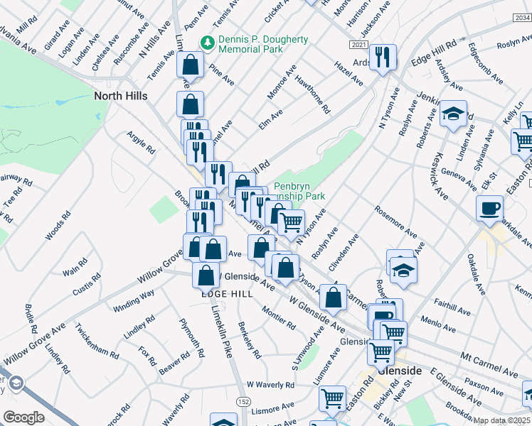 map of restaurants, bars, coffee shops, grocery stores, and more near 2621 Arnaud Avenue in Glenside