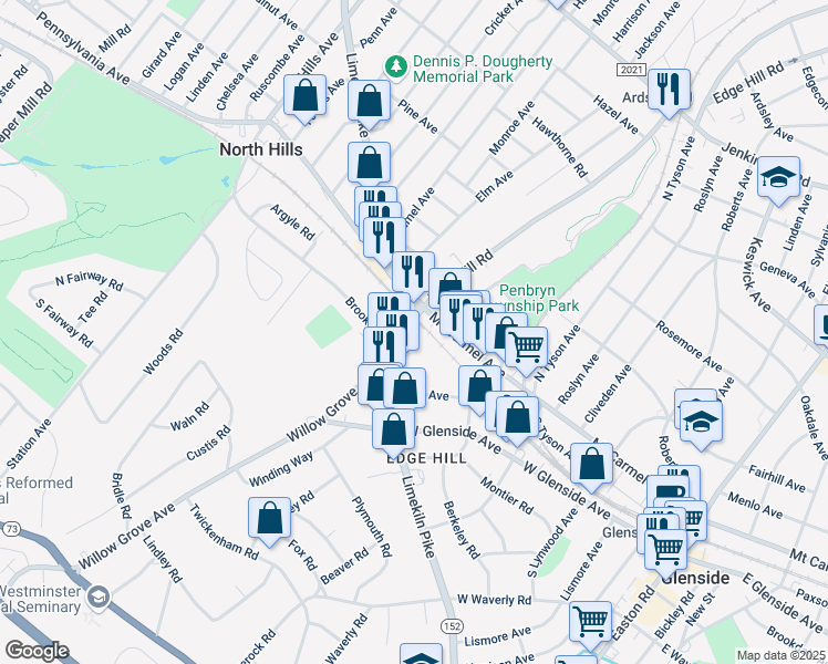 map of restaurants, bars, coffee shops, grocery stores, and more near 3 Limekiln Pike in Glenside