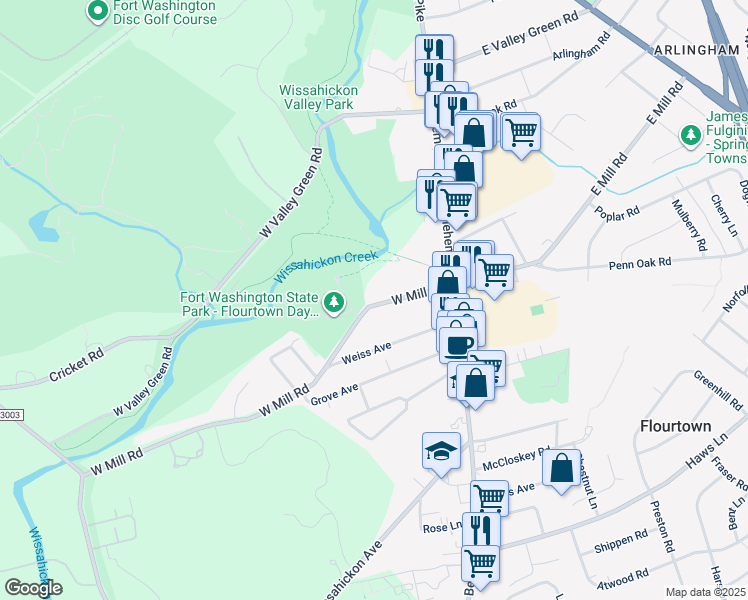 map of restaurants, bars, coffee shops, grocery stores, and more near 41 West Mill Road in Flourtown