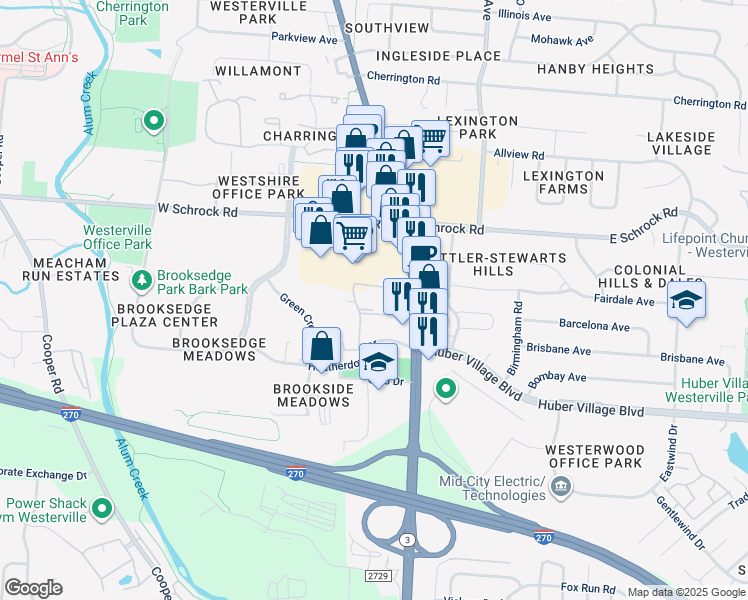 map of restaurants, bars, coffee shops, grocery stores, and more near 1 King Arthur Boulevard in Westerville
