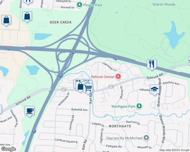 map of restaurants, bars, coffee shops, grocery stores, and more near 7012 Spring House Lane in Columbus
