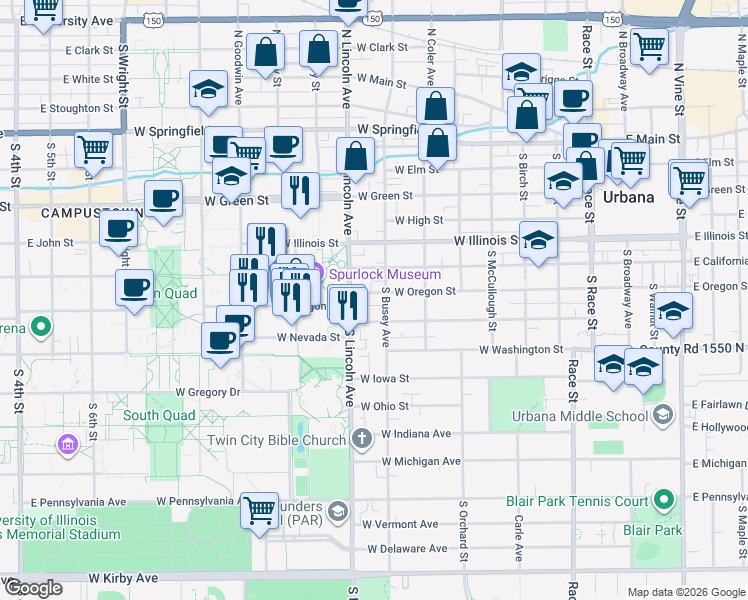 map of restaurants, bars, coffee shops, grocery stores, and more near 701 South Busey Avenue in Urbana