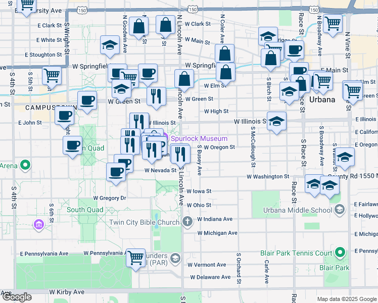 map of restaurants, bars, coffee shops, grocery stores, and more near 701 South Busey Avenue in Urbana