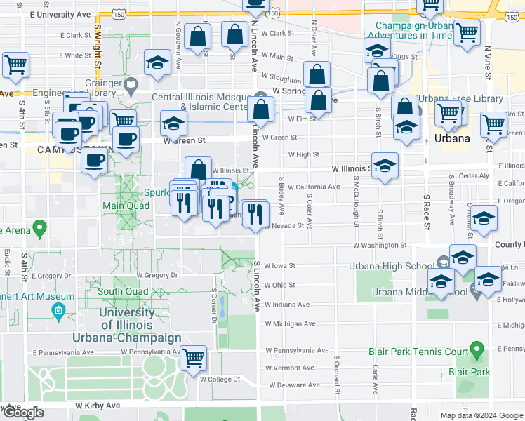 map of restaurants, bars, coffee shops, grocery stores, and more near in Urbana