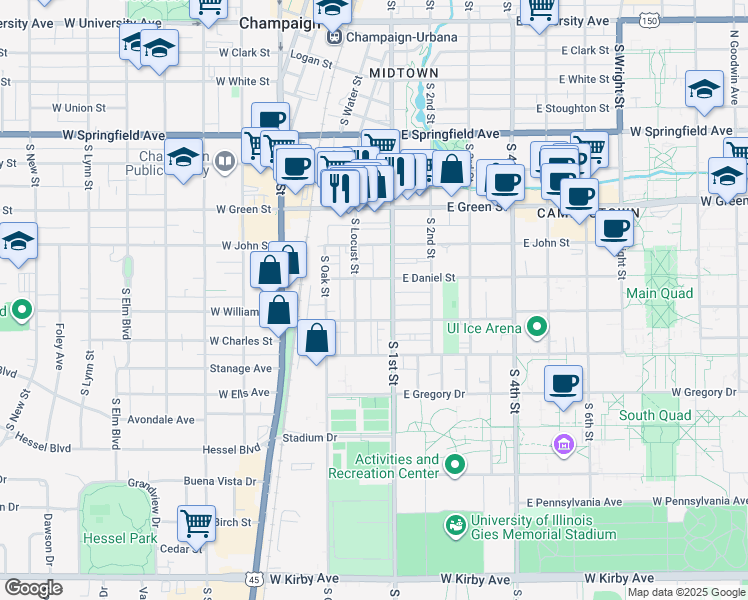 map of restaurants, bars, coffee shops, grocery stores, and more near 909 South 1st Street in Champaign