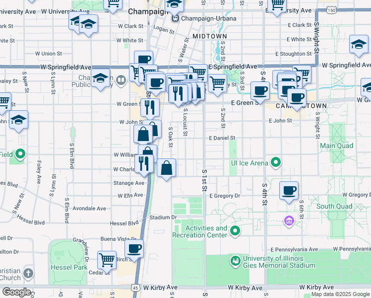 map of restaurants, bars, coffee shops, grocery stores, and more near 909 South Locust Street in Champaign