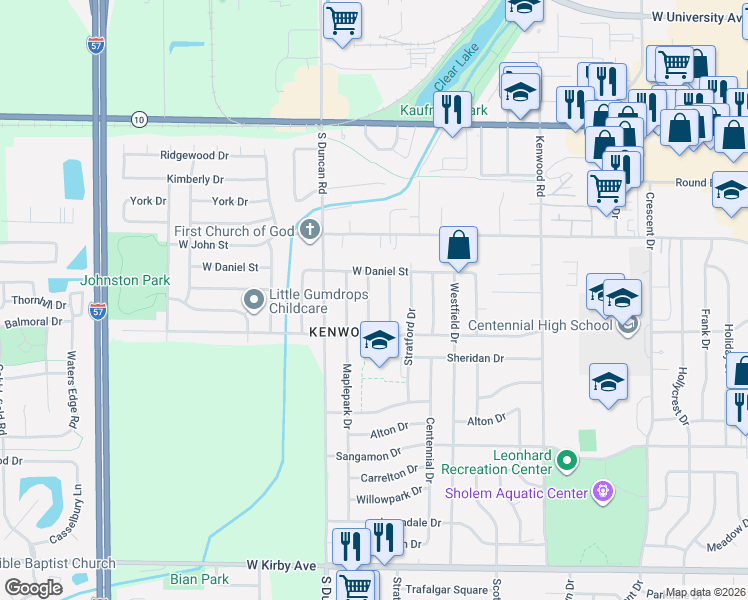 map of restaurants, bars, coffee shops, grocery stores, and more near 901 Oakcrest Drive in Champaign