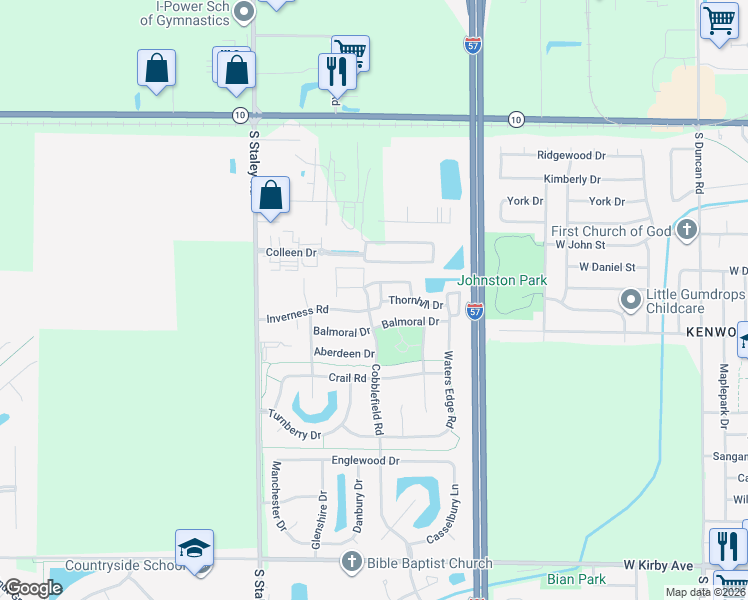 map of restaurants, bars, coffee shops, grocery stores, and more near 3844 Thornhill Circle in Champaign