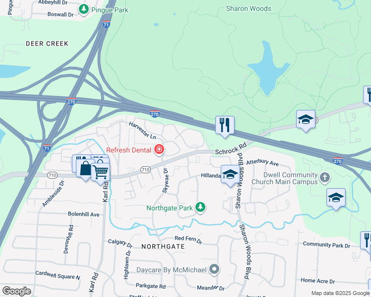 map of restaurants, bars, coffee shops, grocery stores, and more near 1789 Hickory Creek Lane in Columbus
