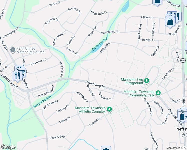 map of restaurants, bars, coffee shops, grocery stores, and more near 3011 Weaver Road in Lititz